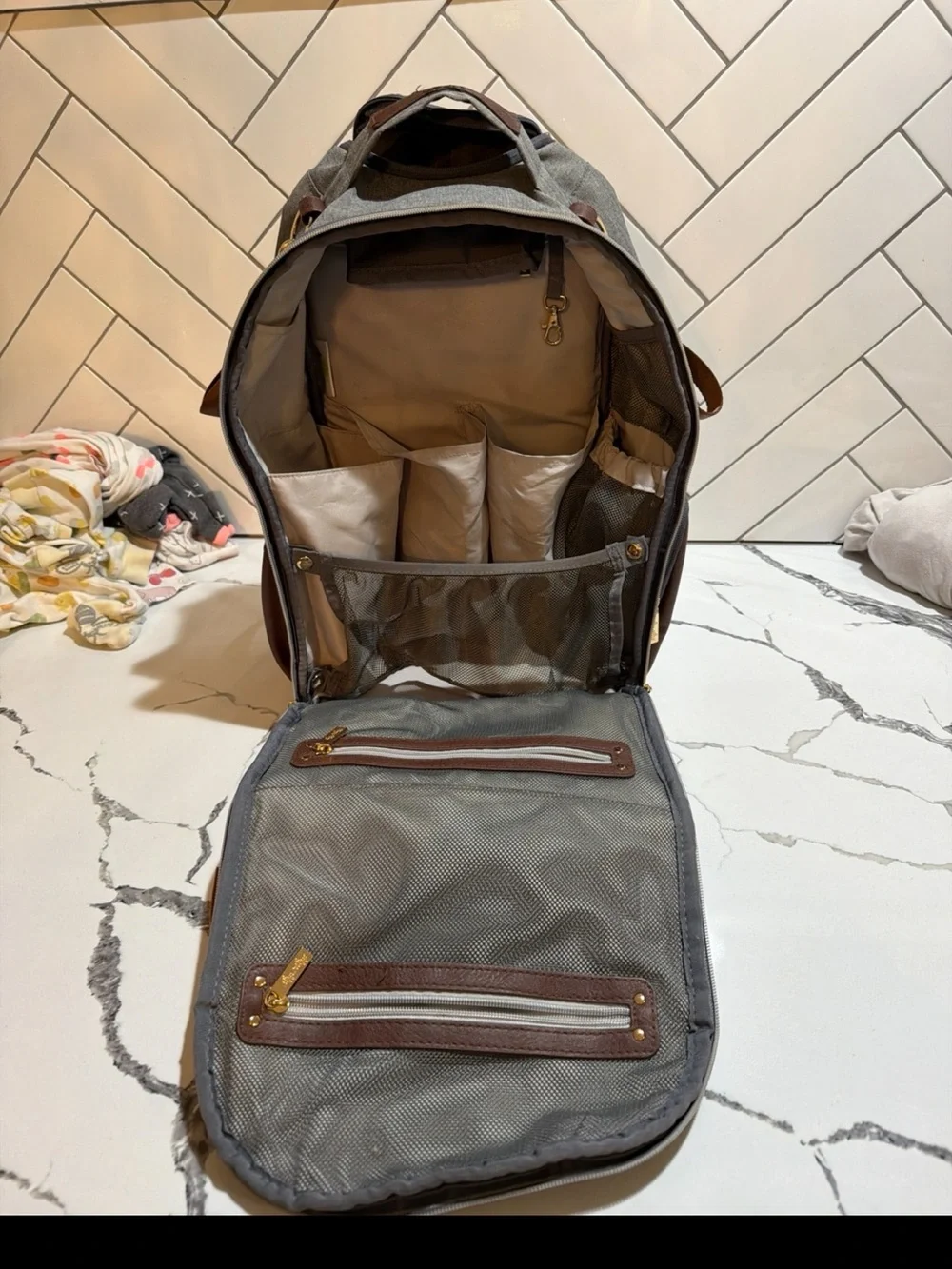 Itzy Ritzy Gray and Brown Men's Backpack with Leather Accents